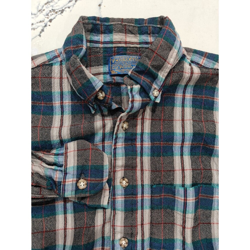 VTG Pendleton 100% Wool Button Flannel Shirt Men Medium Grey Blue Plaid